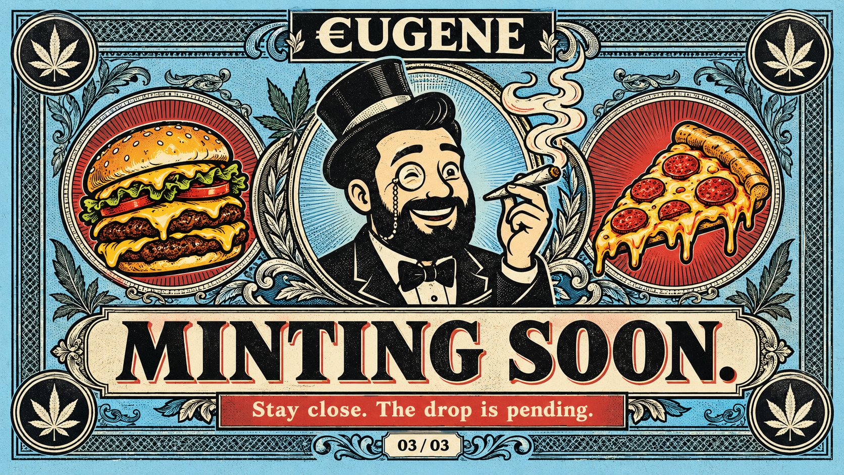 Eugene wearing a top hat between burger and pizza medallions on a blue banknote. Minting Soon.